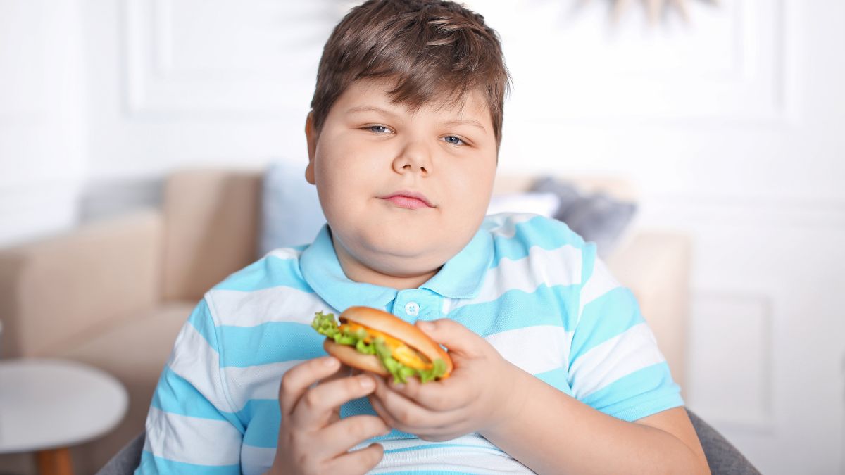 enfant obese tient un hamburger